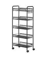 Homcom Compact 5-Tier Utility Cart, Serving Trolley with Removable Mesh Baskets, Black