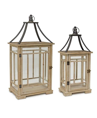 Slickblue Natural Wood Lantern With Open Metal Lid (Set of 2)