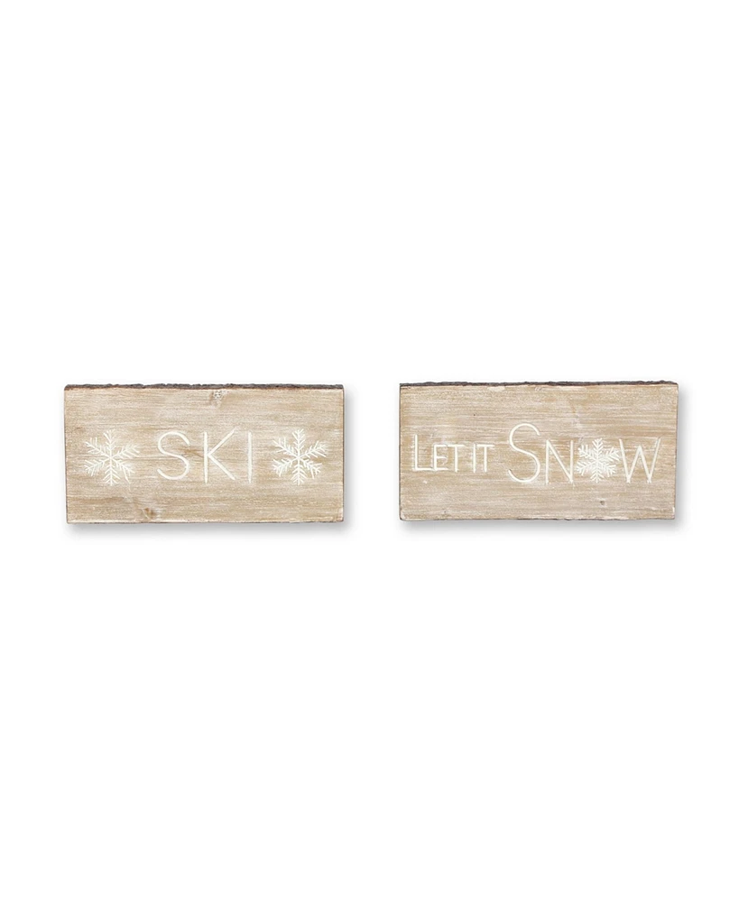 Slickblue Wood Ski And Snow Sentiment Block With White Washed Design (Set of 2)