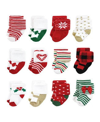 Hudson Baby Girls Cotton Rich Newborn and Terry Socks, 12 Days Of Christmas Girl, 6-12 Months