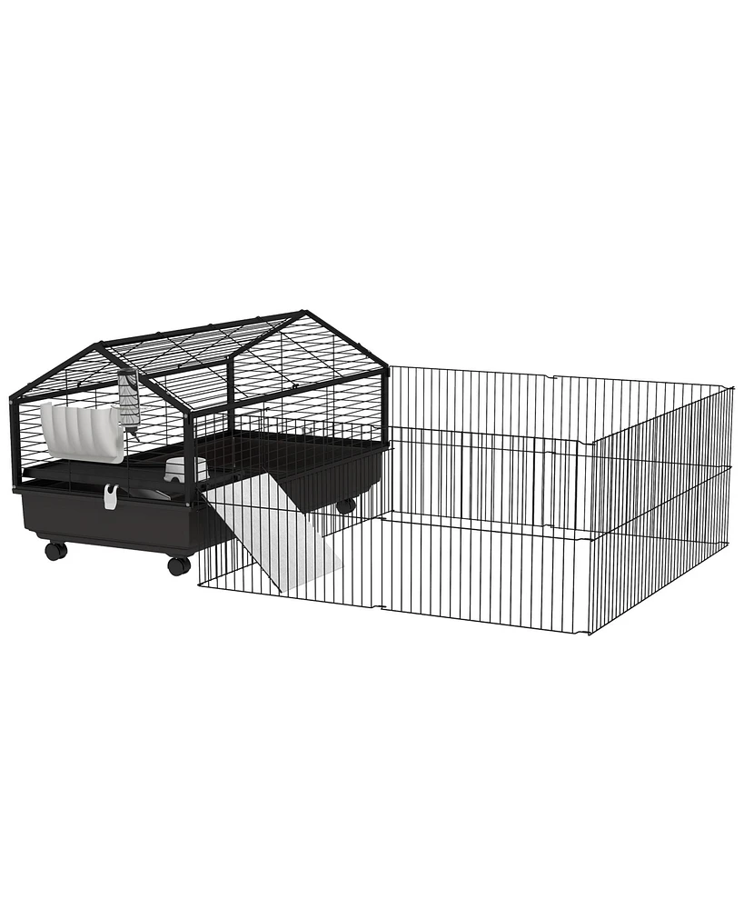 PawHut Small Animal Playpen Cage with Rolling Caster, Water Bottle 46.5"