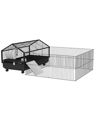 PawHut Small Animal Playpen Cage with Rolling Caster, Water Bottle 46.5"