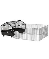 PawHut Small Animal Playpen Cage with Rolling Caster, Water Bottle 46.5"