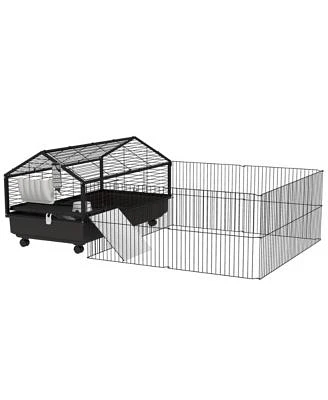 Pawhut Small Animal Playpen Cage With Rolling Caster Water Bottle 46.5