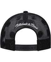 Mitchell & Ness Men's Black Milwaukee Bucks Monogram All-Over Logo Mesh Trucker Adjustable Hat