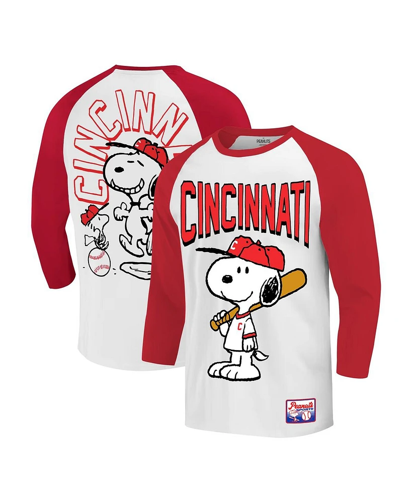 Ripple Junction Men's White/Red Peanuts Cincinnati Baseball Raglan T-Shirt