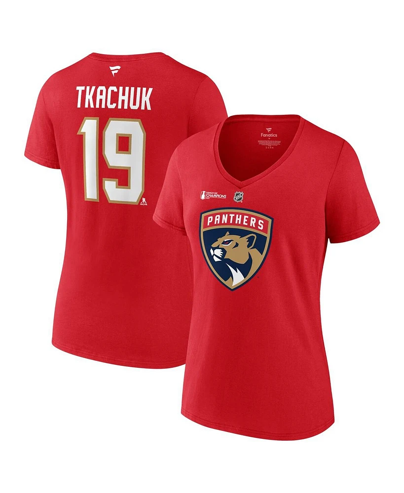 Fanatics Women's Matthew Tkachuk Red Florida Panthers 2024 Stanley Cup Champions Authentic Stack Name Number V-Neck T-Shirt