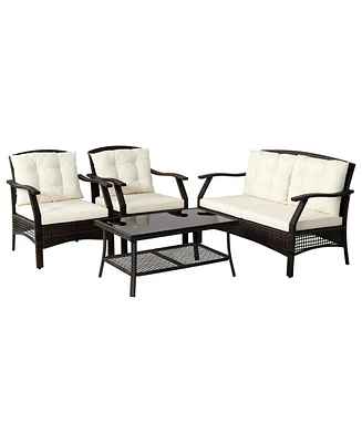 Gymax 4PCS Rattan Patio Conversation Furniture Set Wicker Sofa Set w/ Waterproof Cover