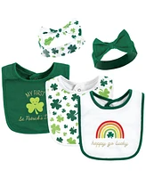 Hudson Baby Baby Girls Cotton Bib and Headband or Caps Set, St Patricks Rainbow, 0-9 Months