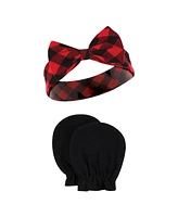 Hudson Baby Baby Girls Cotton Headband and Scratch Mitten Set, Buffalo Plaid Leopard, 0-6 Months