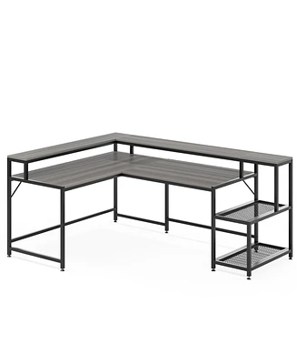 Tribesigns 69 Inch L Shaped Desk with Monitor Stand, Large Reversible Corner Storage Shelf, Industrial Computer Table Writing for Home