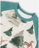 Deux par Baby Boys Organic Cotton Two Piece Pajama Set Gray Mix And Green Printed Reindeer