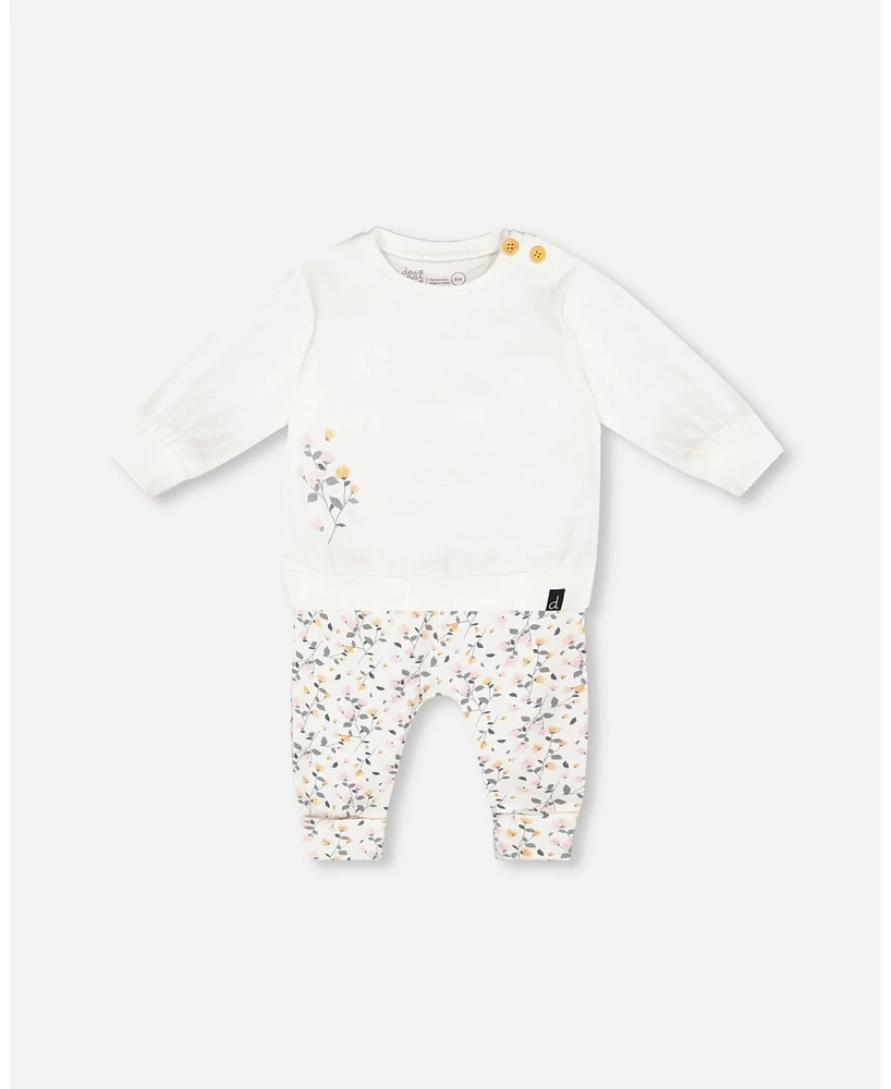 Deux par Baby Girls Organic Cotton Top And Printed Pants Set Cream With Flowers