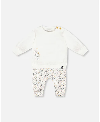 Deux par Baby Girls Organic Cotton Top And Printed Pants Set Cream With Flowers