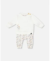 Deux par Baby Girls Organic Cotton Top And Printed Pants Set Cream With Flowers