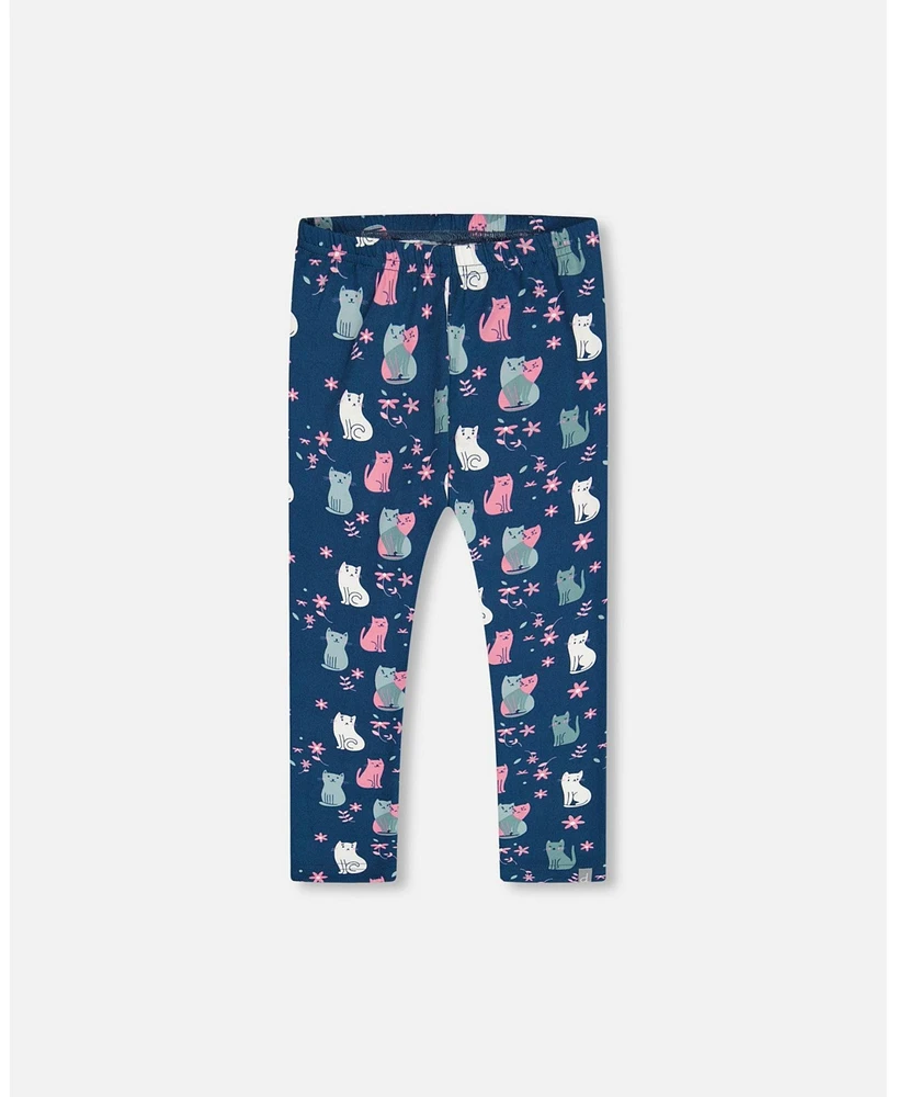 Deux par Deux Big Girls Printed Leggings Navy Blue With Kitten