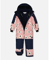 Deux par Deux Big Girls One Piece Technical Snowsuit Pink Printed Off White Flowers