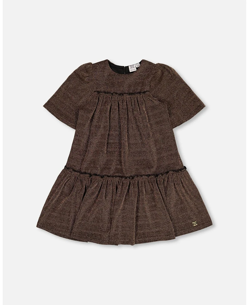 Deux par Little Girls Short Sleeve Metallic Dress With Frills Golden Brown - Toddler|Child