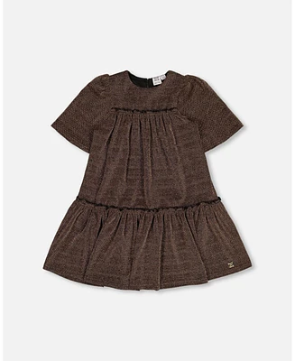 Deux par Little Girls Short Sleeve Metallic Dress With Frills Golden Brown - Toddler|Child