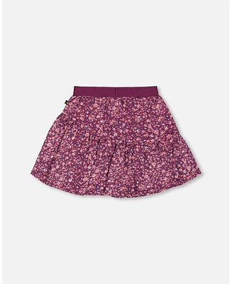 Deux par Little Girls Asymmetric Ruffle Skirt Burgundy Printed Flowers - Toddler|Child