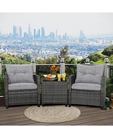 Gymax 3PCS Patio Rattan Sofa Set Outdoor Wicker Conversation Set Glass Tabletop w/ Grey Cushion