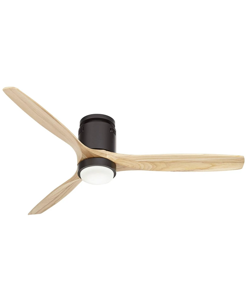 Casa Vieja 52" Windspun Modern Indoor 3 Blade Hugger Ceiling Fan with Led Light Remote Control Matte Black Natural Solid Wood for Living Room Kitchen