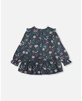 Deux par Deux Baby Girls Baby Printed Muslin Long Top Teal With Flowers