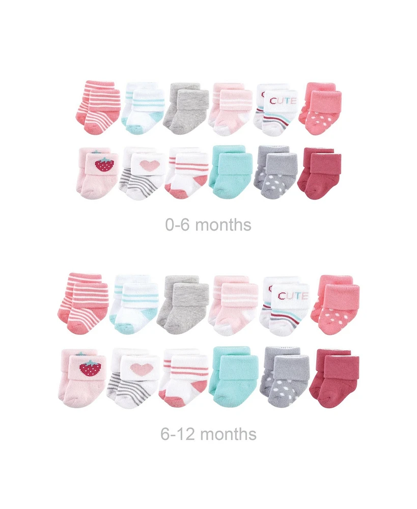 Hudson Baby Baby Girls Grow with Me Cotton Terry Socks, Strawberry, 0-6 and 6-12 Months