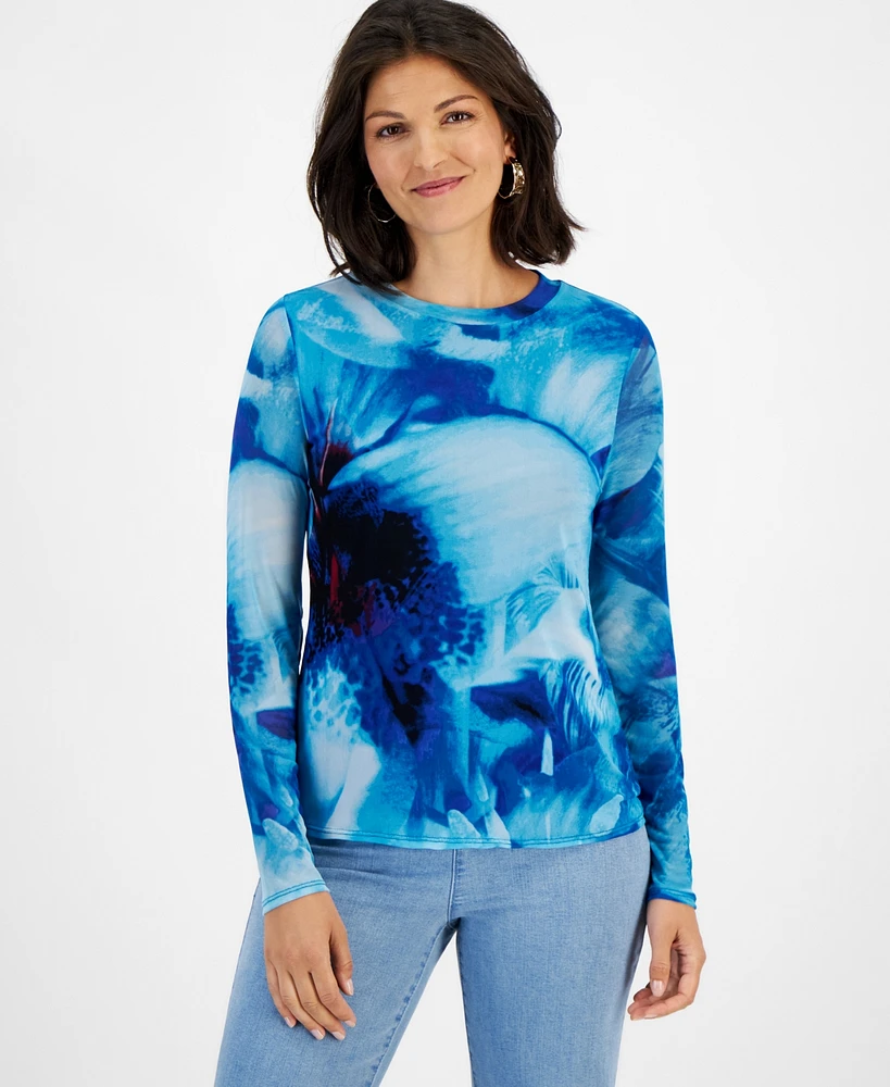 I.n.c. International Concepts Women's Printed Mesh Top, Created for Macy's