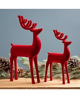 Slickblue Set of 2 Red Flocked Deer Figurines: Elegant Holiday Decor