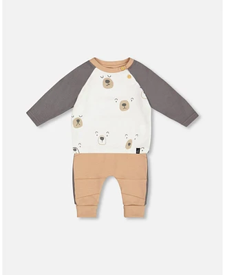 Deux par Baby Boys Organic Cotton Top With Pant Set Nougat Printed Bears Face