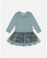 Deux par Deux Toddler Girls Bi-Material Dress With Mesh Skirt Teal Printed Flowers - Toddler|Child