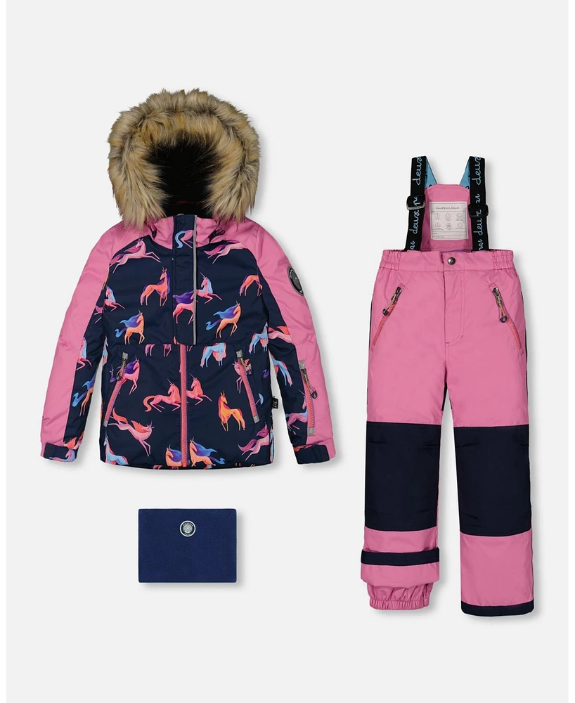 Deux par Big Girls Two Piece Snowsuit Mauve Printed Unicorns