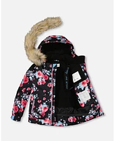 Deux par Toddler Girls Two Piece Snowsuit Black Printed Rose With Fuschia Pink