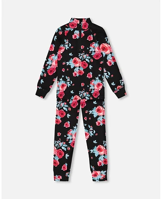 Deux par Girl Two Piece Thermal Underwear Set Black Printed Roses - Child