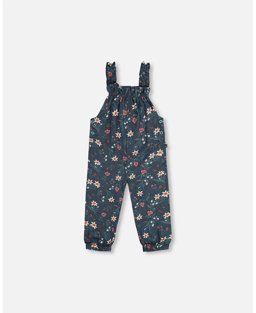 Deux par Baby Girls Printed Muslin Overall Teal With Flowers