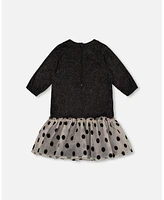 Deux par Deux Little Girls Bi-Material Long Sleeve Dress With Frill Shimmering Black - Toddler|Child