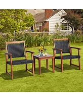 Gymax 3 Piece Brown Wicker Bistro Set Patio Chair Set of 2 w/ Acacia Wood Side Table