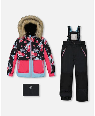 Deux par Toddler Girls Two Piece Snowsuit Printed Roses With Solid Pant Black - Toddler|Child