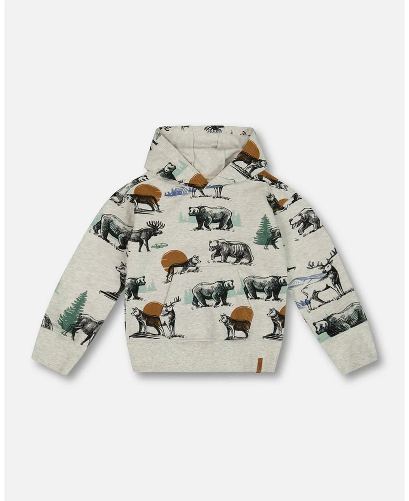 Deux par Big Boys Printed Forest Animals Fleece Hooded Sweatshirt Gray Mix