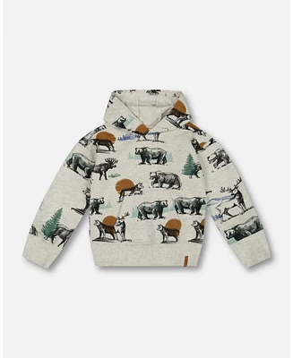 Deux par Big Boys Printed Forest Animals Fleece Hooded Sweatshirt Gray Mix