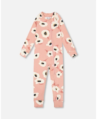 Deux par Toddler Girls One Piece Thermal Underwear Pink Printed Off White Flowers - Toddler|Child