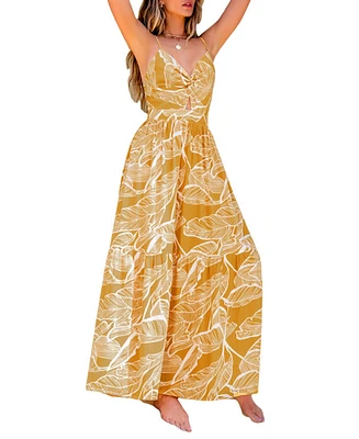 Cupshe Women's Yellow Tropical Sweetheart Twist & Keyhole Maxi Beach Dress