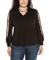 Belldini Black Label Plus Size Split-Sleeve Chain-Neck Keyhole Top