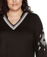 Belldini Black Label Plus Embroidered Blouson Sleeve V-Neck Blouse