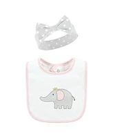 Hudson Baby Infant Girl Cotton Bib and Headband or Caps Set, Pink Gray Elephant, One Size