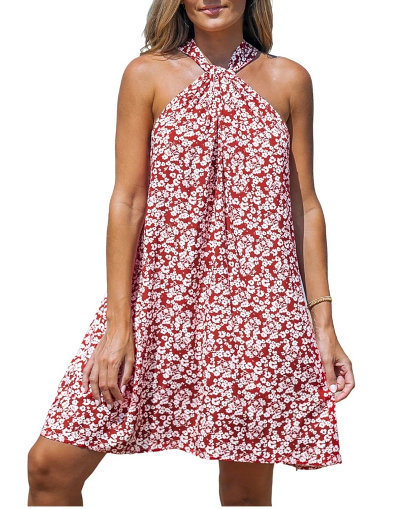 Cupshe Women's Red Floral Ditsy Twisted Halterneck Mini Beach Dress