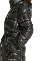 Karl Lagerfeld Womens Shine Hooded Belted Puffer Coat