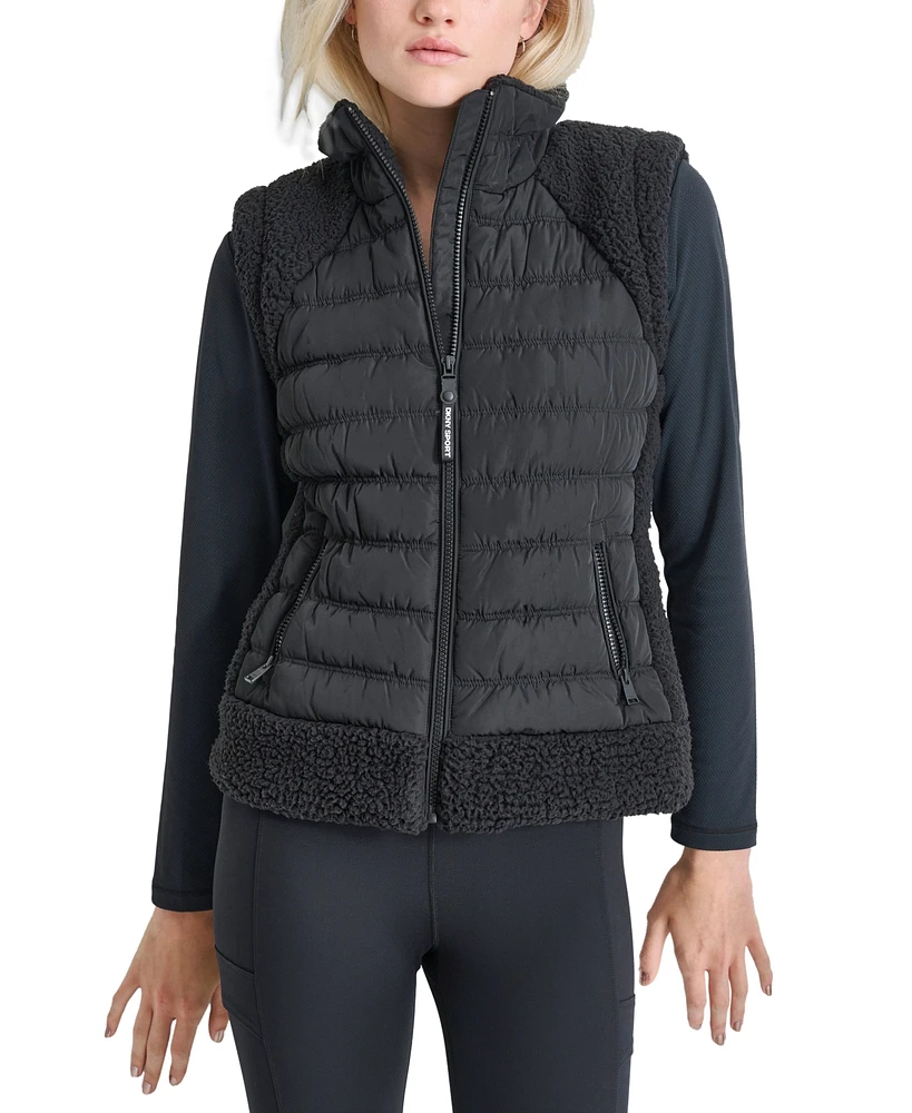 Dkny Women's Horizontal Channel Quilted Mock Neck Puffer Vest with Sherpa