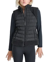 Dkny Women's Horizontal Channel Quilted Mock Neck Puffer Vest with Sherpa